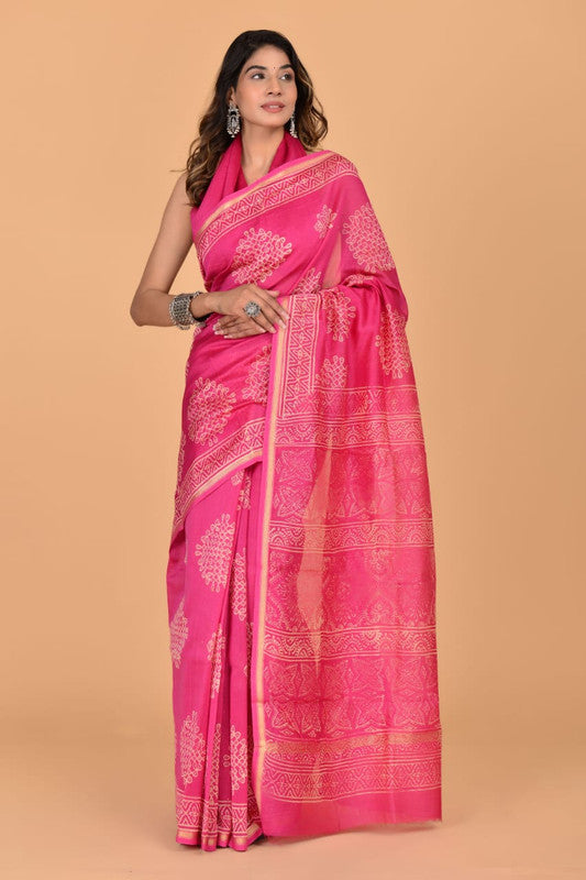 Pink & Off White Coloured Hand Block Printed Women Designer Party wear Chanderi Cotton Silk Saree with Runnin Blouse!!