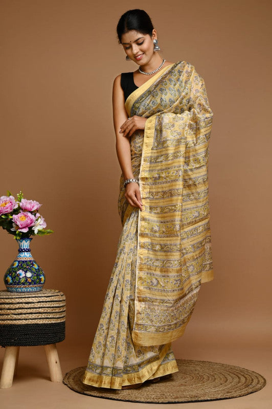 Yellow & Multi Coloured Hand Block Printed Women Designer Party wear Maheshwari Cotton Silk Saree with Runnin Blouse!!