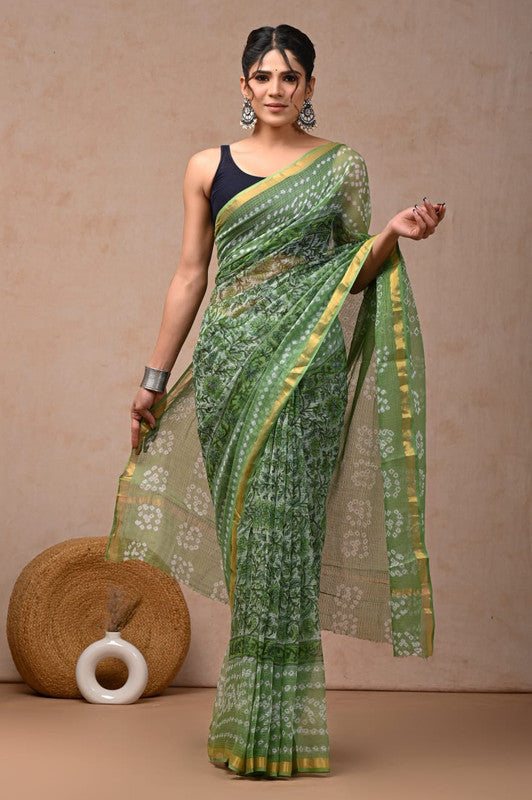 Green & Multi Coloured Hand Block Printed Women Designer Party wear Kota Doria Cotton Saree with Runnin Blouse!!