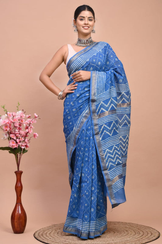 Blue & Multi Coloured Hand Block Printed Women Designer Party wear Maheshwari Cotton Silk Saree with Runnin Blouse!!