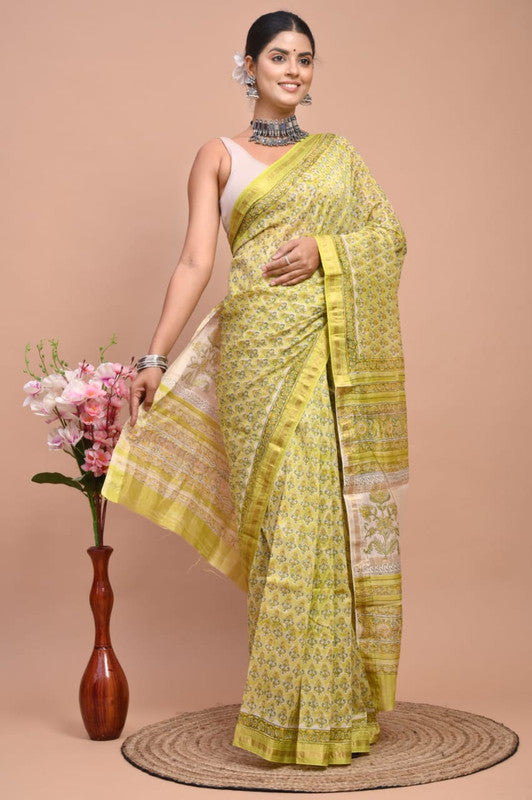 Paroot Green & Multi Coloured Hand Block Printed Women Designer Party wear Maheshwari Cotton Silk Saree with Runnin Blouse!!