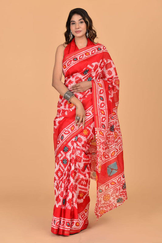 Red & Multi Coloured Hand Block Printed Women Designer Party wear Chanderi Cotton Silk Saree with Runnin Blouse!!