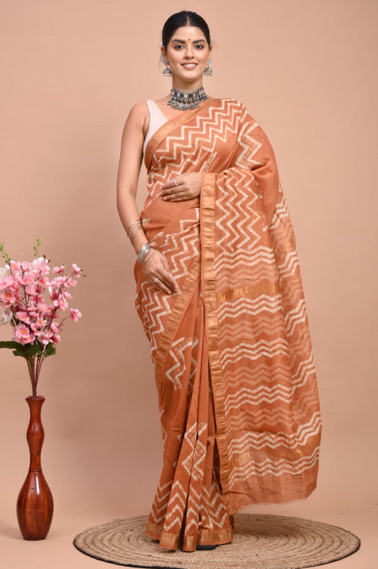 Orange & Off White Coloured Hand Block Printed Women Designer Party wear Maheshwari Cotton Silk Saree with Runnin Blouse!!