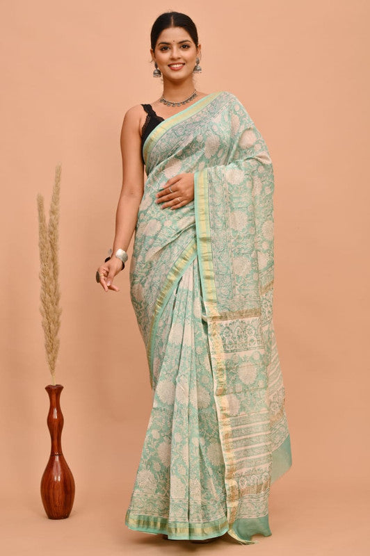 Light Green & Off White Coloured Hand Block Printed Women Designer Party wear Maheshwari Cotton Silk Saree with Runnin Blouse!!