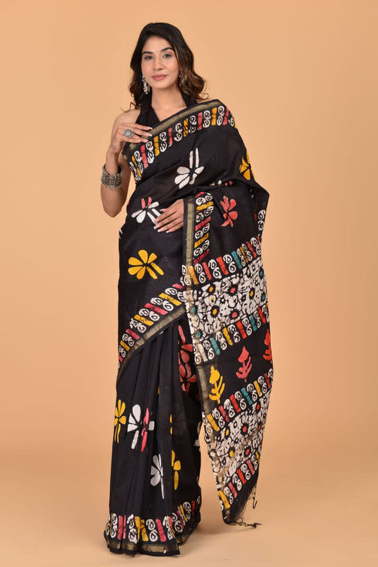 Black & Multi Coloured Hand Block Printed Women Designer Party wear Chanderi Cotton Silk Saree with Runnin Blouse!!