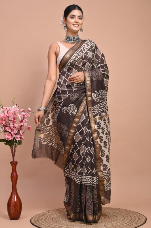 Brown & White Coloured Hand Block Printed Women Designer Party wear Maheshwari Cotton Silk Saree with Runnin Blouse!!