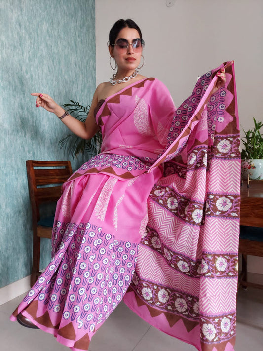 Hand Block Bagru Printed Soft Malmal Cotton Saree