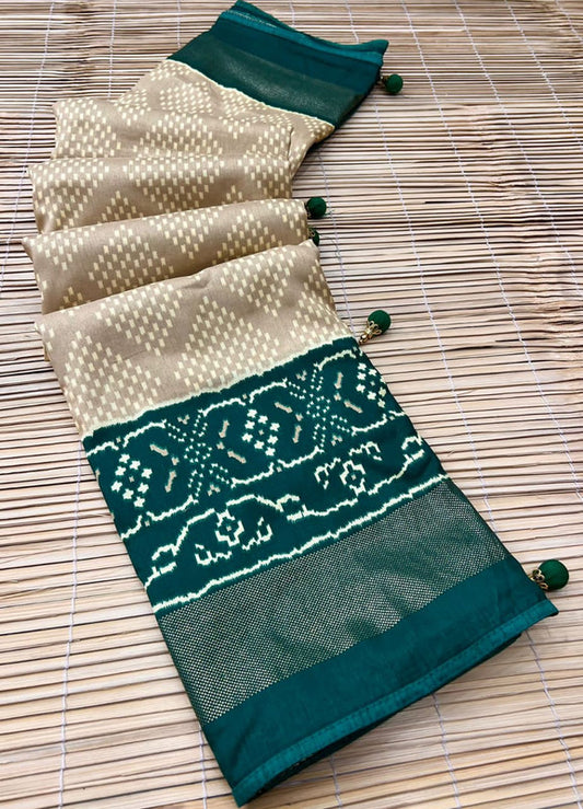 Green & Beige Coloured Soft Dolla Silk Patola Design with Heavy Foil Print & Fancy Tussels Women Party wear Saree with Blouse!!