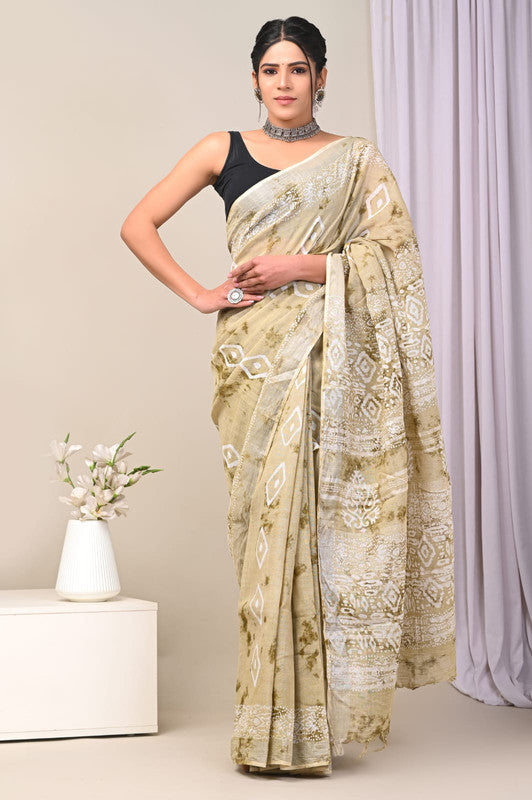 Beige & Multi Coloured Linen Cotton Beautiful Hand Block printed Women Daily/Party wear Saree with Blouse!!