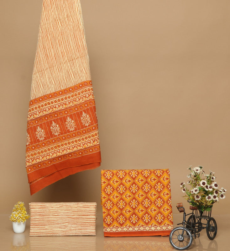 Orange Cotton Hand Printed Dress Material with Salwar & Cotton Dupatta!!