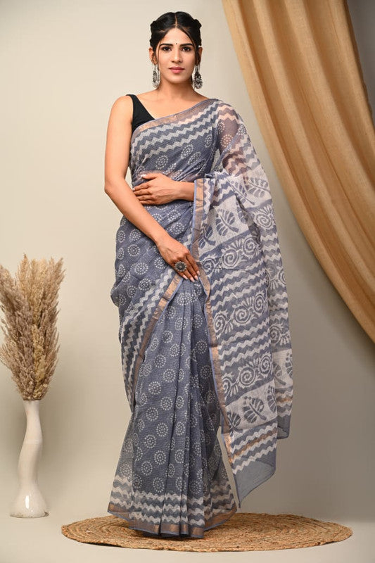 Grey & Multi Coloured Kota Doriya Cotton Beautiful Hand Block printed Women Daily/Party wear Saree with Blouse!!