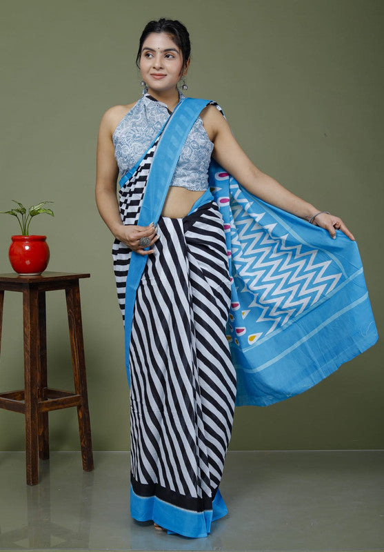 Sky Blue & Black Coloured Hand Printed Super dying Quality Mul Cotton Women Daily wear Saree with Blouse!!