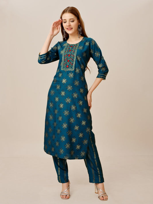 Rama Blue & Multi Coloured Heavy Rayon with Embroidery work Women Designer Daily wear Kurti with Pant!!