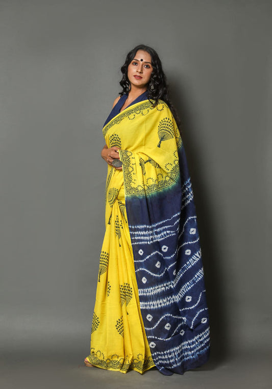 Yellow & Blue Coloured Beautiful Hand Block printed Women Daily/Party wear Pure Mul Cotton Saree with Blouse!!