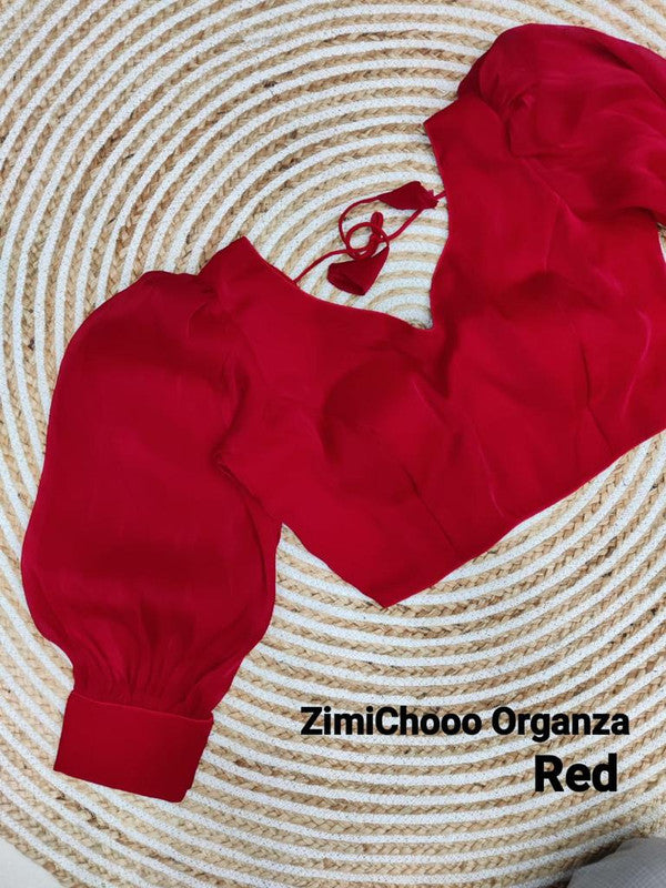 Red Coloured Premium Pure Soft ZimiChooo Organza Woman Ready made Designer Croptop cum Blouse- Free Size Up to 40 Inch!!