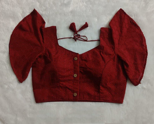 Maroon Coloured Pure Cotton HAKOBA Woman Designer Butterfly Sleeve Ready made Blouse - 38 Size Fits Up to 42 Inch!!