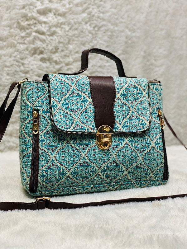 Aqua Blue & Multi Coloured Pure Cotton Floral Hand Block Printed Double Partition Women Big size Sling Bang!!