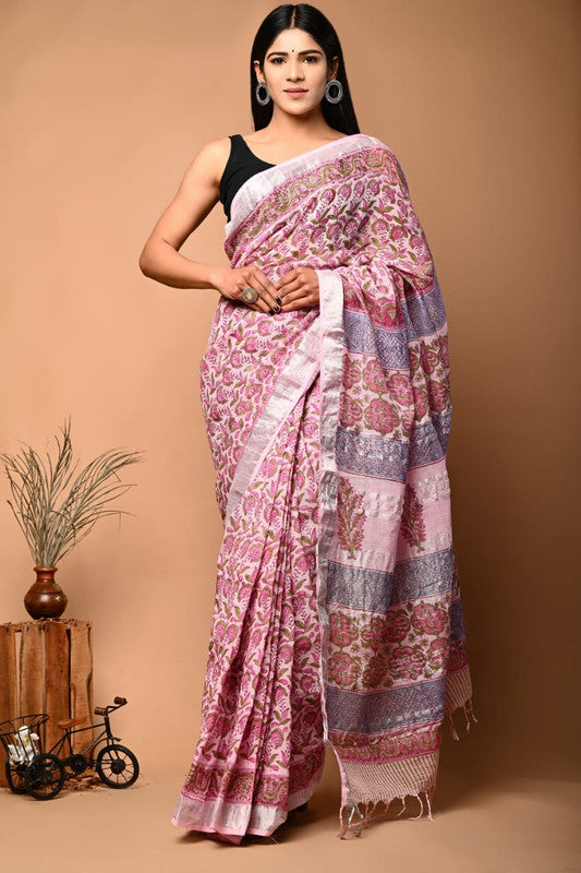 Pink & Multi Coloured Linen Cotton Beautiful Hand Block printed Women Daily/Party wear Saree with Blouse!!