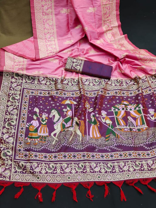 Pink & Purple Coloured Two Tone Weaving with Antique Design Women Party wear Soft Raw Silk Saree with Blouse!!