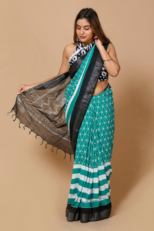 LINEN COTTON HAND BLOCK PRINT SAREE WITH BLOUSE!!