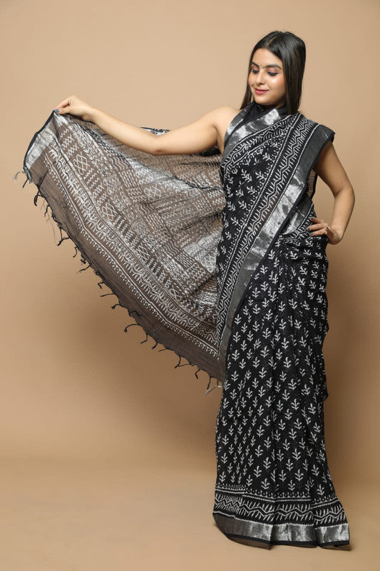 Black Coloured Linen Hand Block Print Saree with Linen Blouse!!