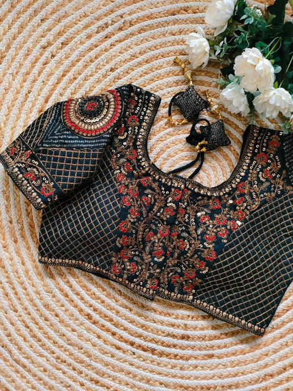 Black Coloured Premium Heavy Milan Silk Copper Jari Heavy Embroidery work Woman Ready made Designer Bridal Blouse- Free Size Up to 46 Inch!!