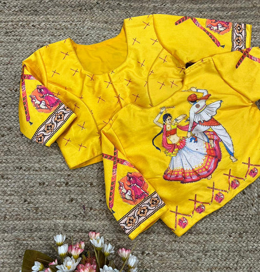 Yellow & Multi Coloured Pure Silk with Hand work Woman Ready made Designer Botique Navaratri Dandiya Style Blouse- Free Size Up to 42 Inch!!