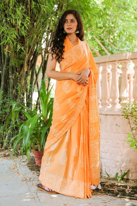 Orange Hand Printed Mul Cotton Sarees with Blouse!!