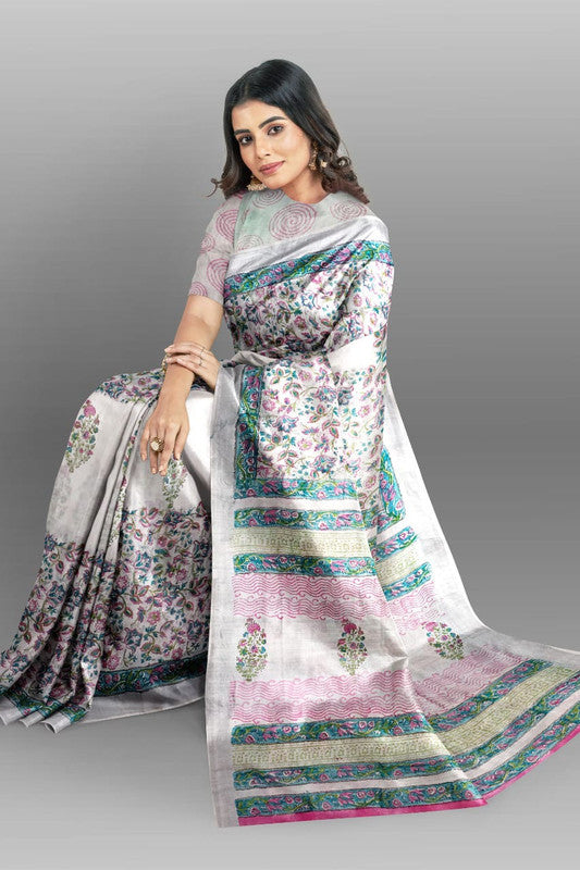 Grey & Multi Coloured Linen Cotton Beautiful Hand Block printed Women Daily/Party wear Saree with Blouse!!