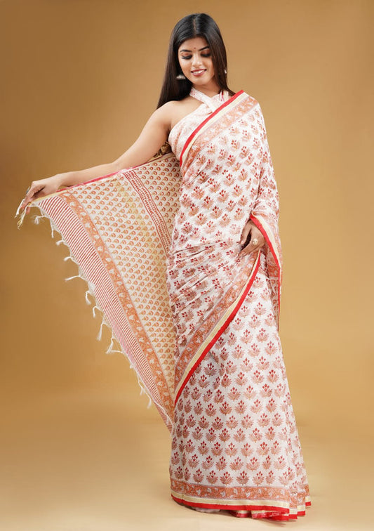 CHANDERI BLOCK PRINTED COTTON SAREE