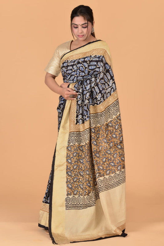 Navy Blue & Beige Coloured Hand Block Printed Silk border Chit Pallu Women Designer Party wear Cotton Silk Saree with Zari Blouse!!