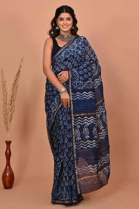 Navy Blue & Off White Coloured Hand Block Printed Women Designer Party wear Chanderi Cotton Silk Saree with Runnin Blouse!!