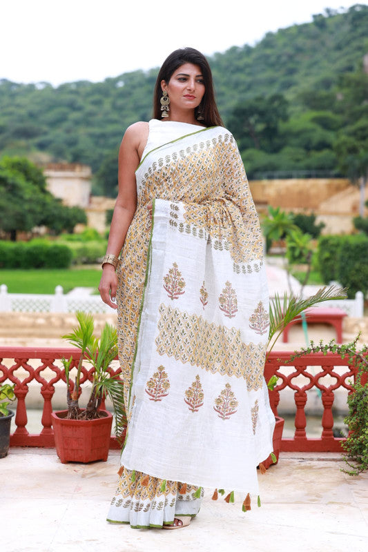 BEAUTIFUL LINEN HAND BLOCK PRINT SAREE