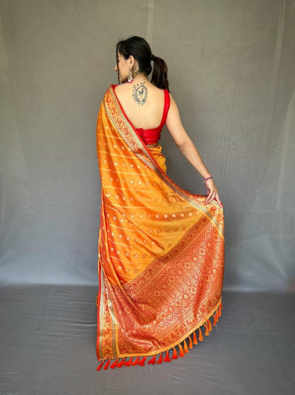 Orange & Multi Coloured Gold Zari Weaving with Rich Pallu & Meenakari Border Women Party wear Pure Silk Saree with Blouse!!