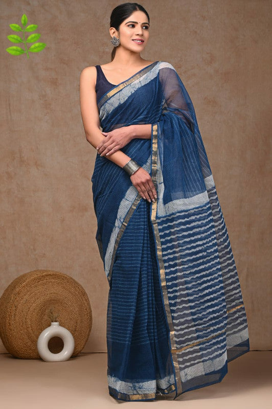 Blue & Multi Coloured Kota Doriya Cotton Beautiful Hand Block printed Women Daily/Party wear Saree with Blouse!!