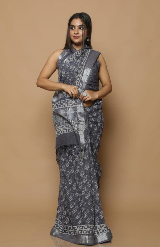 LINEN COTTON HAND BLOCK PRINT SAREE