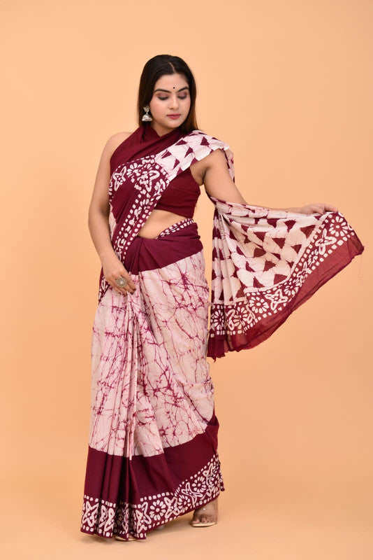 Pink & Maroon Coloured Pure Cotton with Beautiful Hand Block Printed Women Party/Daily wear Designer Cotton Saree with Blouse!!