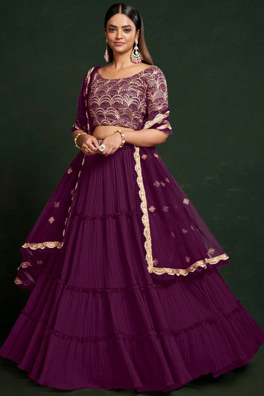 Wine Coloured Faux Georgette Thread & Sequence Embroidery Work Woman Designer Party wear Bridal Lehenga Choli with Dupatta Set!!