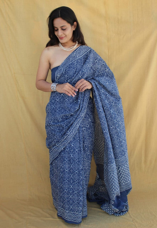 Blue & White Coloured Pure Cotton Beautiful Hand Block printed Women Daily/Party wear Saree with Blouse!!