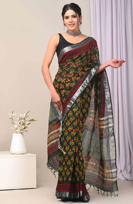 Mehendi Green & Black Coloured Exclusive Hand Block printed Women Daily/Party wear Linen Cotton Saree with Blouse!!