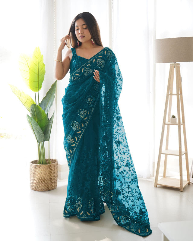 Rama Blue Coloured Heavy Butterfly Net with Multi coloured Thread & Aari Embroidery Work Women Designer Party wear Fancy Net Saree with Blouse!!