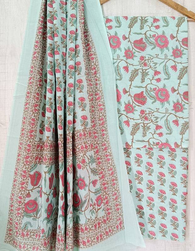 Aqua Blue & Pink Coloured Unstitched Pure Cotton Hand Block Printed Women Party/Daily wear Dress Material Suit- Top with Bottom & Cotton Dupatta!!