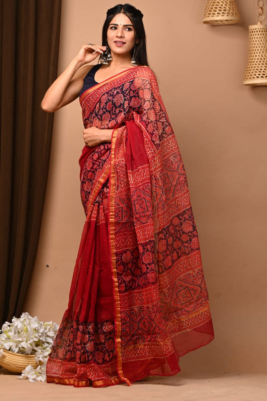 Maroon & Multi Coloured Kota Doriya Cotton Beautiful Hand Block printed Women Daily/Party wear Saree with Blouse!!