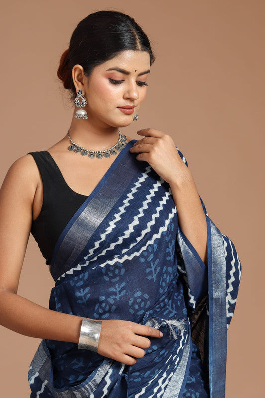 Blue & Multi Coloured Linen Cotton Beautiful Hand Block printed Women Daily/Party wear Saree with Blouse!!