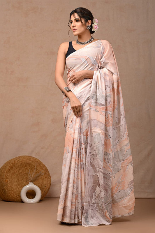 Light Peach & Grey Coloured Hand Block Bagru, Dabu & Batik Dye Print Women Designer Party wear Pure Cotton Saree with Runnin Blouse!!