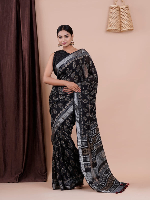 BEAUTIFUL LINEN HAND BLOCK PRINT SAREE