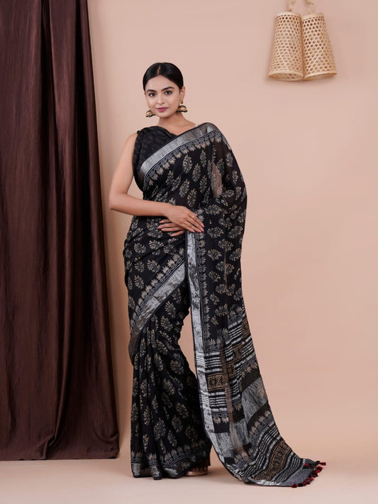 BEAUTIFUL LINEN HAND BLOCK PRINT SAREE