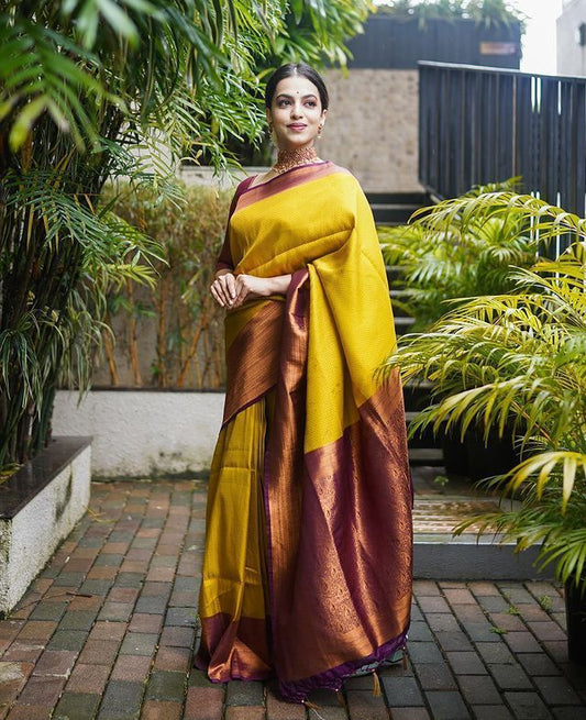 Mustard Yellow & Maroon Coloured Soft Lichi Silk Jaqucard work Women Party wear Saree with Blouse!!