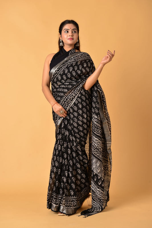 Black & Silver Coloured Linen Cotton with Beautiful Hand Block Printed Women Party/Daily wear Designer Linen Cotton Saree with Blouse!!