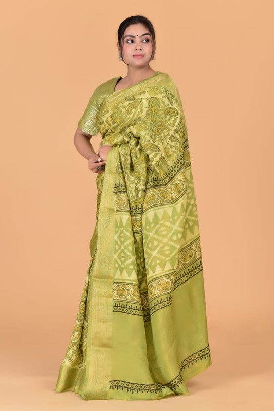 Parrot Green & Multi Coloured Azarakh Hand Block Printed Silk border Women Designer Party wear Cotton Silk Saree with Zari Blouse!!